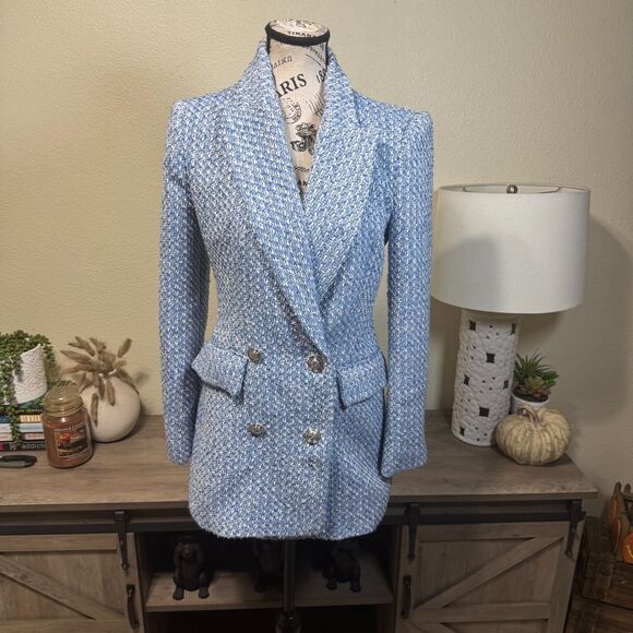 Zara Blue Tweed Double Breasted Boucle Blazer Sz S Blogger Fave Classic Preppy - Picture 2 of 10